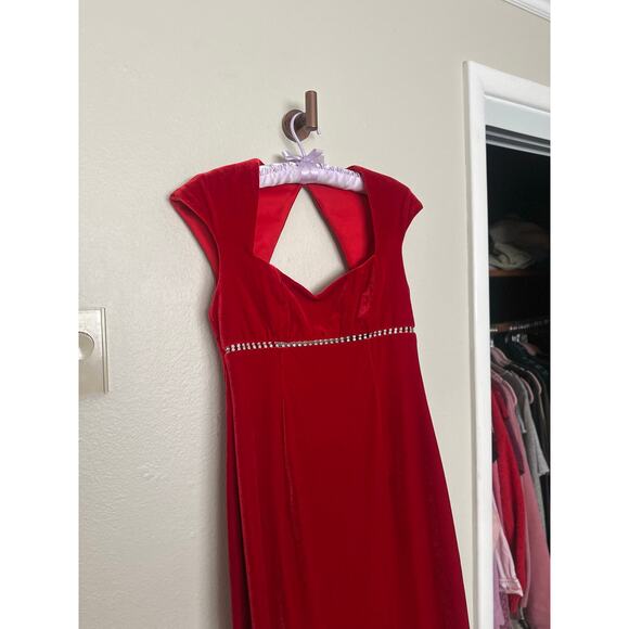 Vintage 90s Sz 4 Red Velvet Rhinestone Empire Waist Cap Sleeve Maxi Dress Gown - Picture 4 of 13